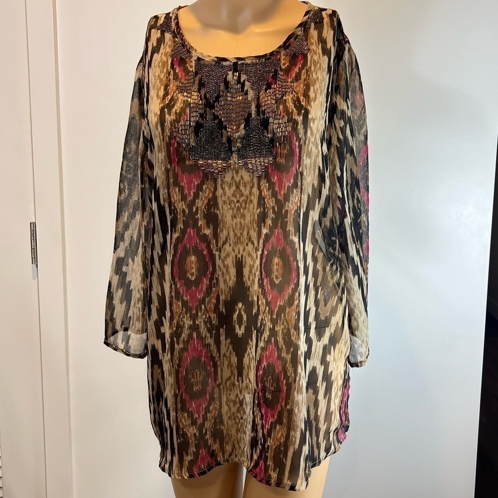 2/$25 3/$40 Chicos Pullover Tunic Top Geometric Sequin Boho Hippie Blouse